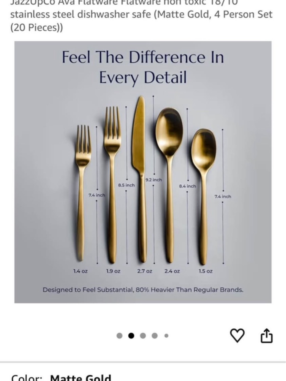 JazzUpCo Ava Flatware Flatware Non Toxic, 18 Pcs Matte Gold